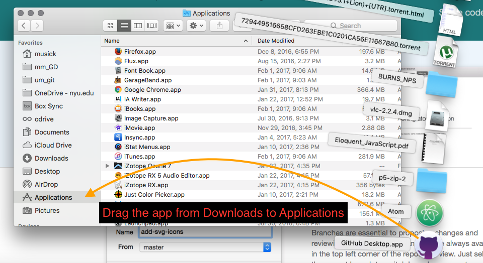 Example of dragging GitHub Desktop from Downloads to Applications