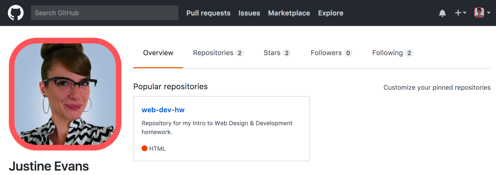 Image of GitHub account with newly pushed repo.