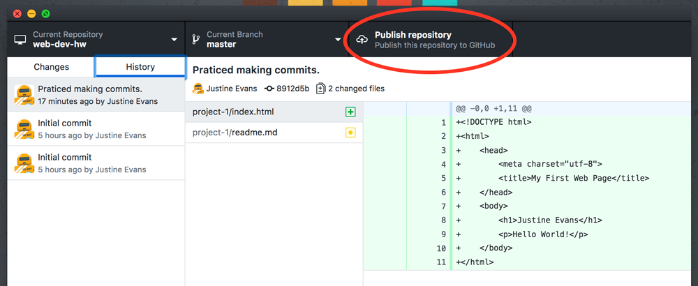 Image showing the placement of the "Publish" button on GitHub Desktop app