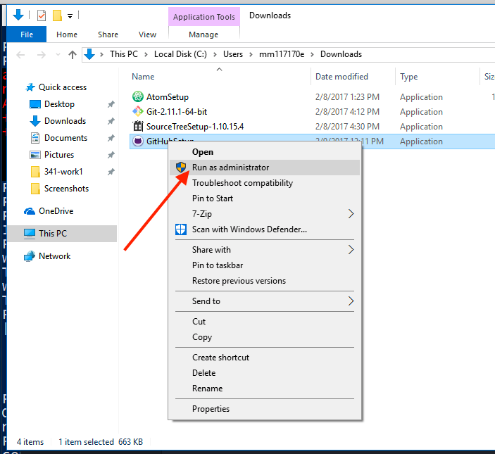 Showing how to "run as admin" for GitHub Desktop on PC