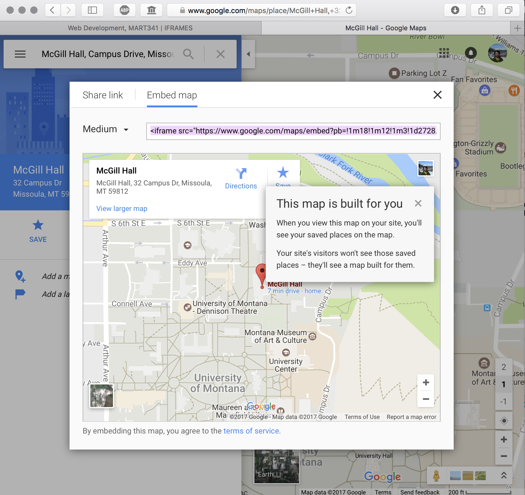 Image showing the "embed map" option from google maps.