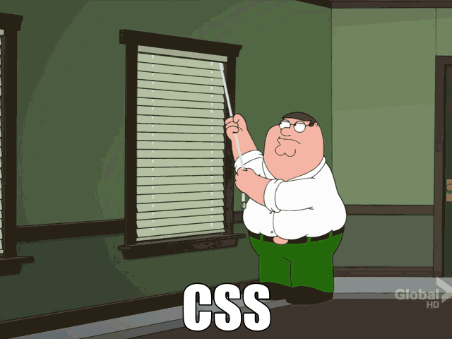 Peter Griffin fighting with blinds, captioned CSS
