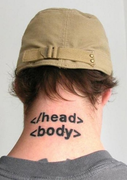 Man with closing head element and open body element tattoo on neck
